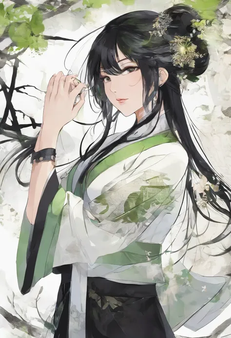 (Best quality, masterpiece), 1 girl sex, (simple white background: 1.2), black and green hair, ancient Chinese handsome, upper body, ID photo, close-up, long hair,