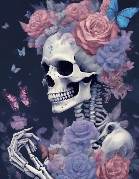 （Male skeletons with blue flowers on their heads and female skeletons in ballet dresses), ((( Skeleton ))), （Half-body skeleton,）, , Love and death, （Tutu dress：1.1），（flowers grow from the body：1.37）, （Perfect bone structure：1.37）, skullgirls, ska skeleton...