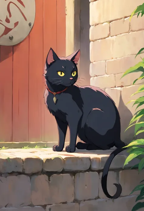 a black stray cat, black cat, stray cat, full stomach, leaning on wall