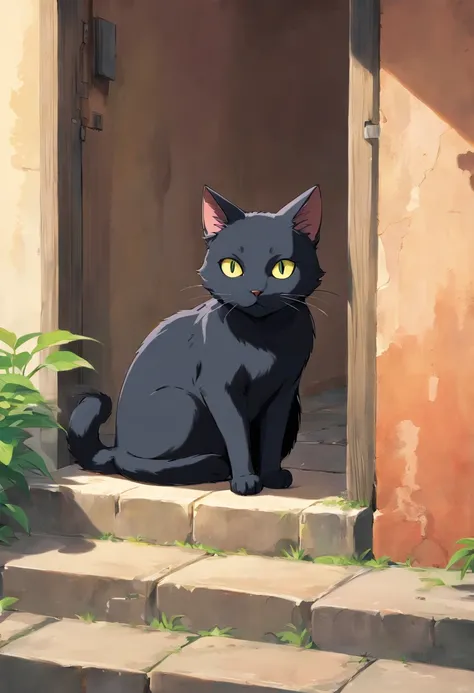 a black stray cat, black cat, stray cat, full stomach, leaning on wall