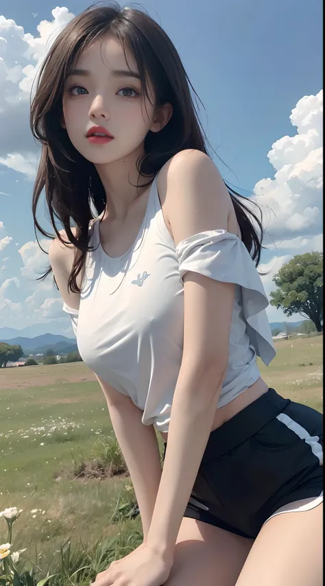 ((Best Quality, 8k, Masterpiece:1.3)), a beautiful girl, pure, melon face, gentle and cute, thin figure, frontal, tilted head, ((dewy shoulder short T-shirt, sports shorts)), black silky hair, long hair shawl, round black big eyes, clear big eyes, ((moist ...