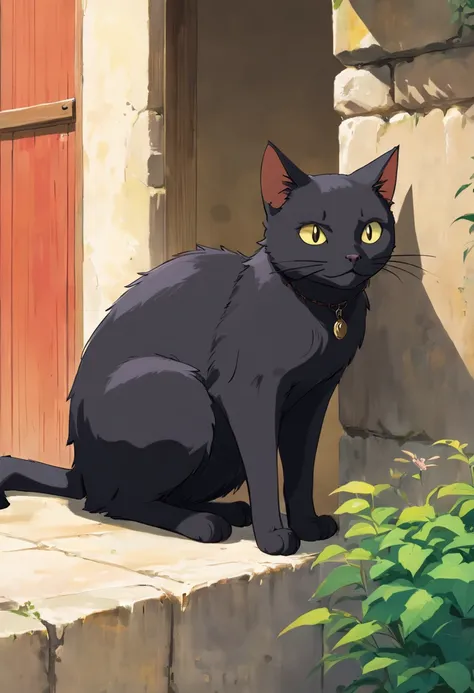 a black stray cat, black cat, stray cat, (((full stomach))), leaning on wall