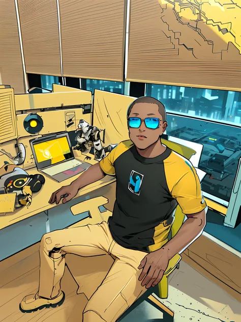 best qualtiy，8K，Boy student，Wear tech sunglasses，Wearing mechs，Tech style，droid，Yellow people，Robotic arm