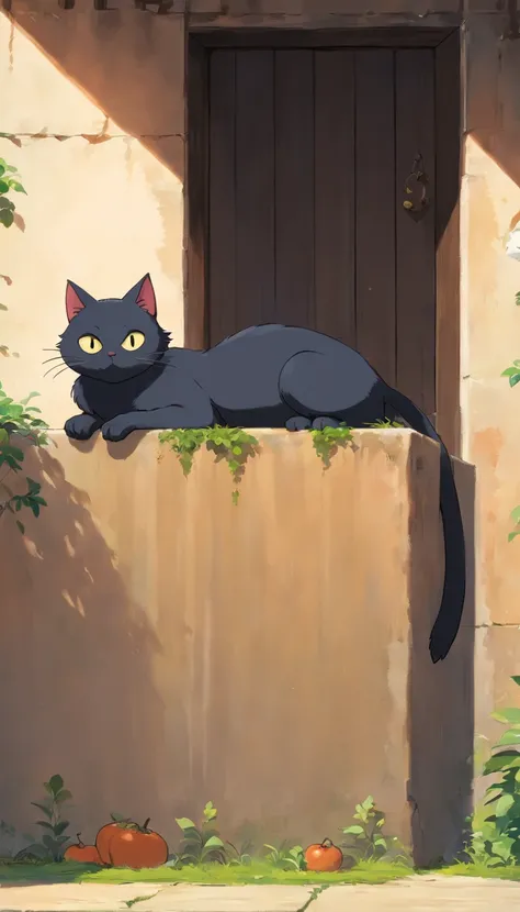 black cat, stray cat, a cat belly full of food, full stomach, sitting, leaning on wall