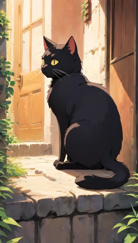 black cat, stray cat, a cat belly full of food, full stomach, sitting, leaning on wall