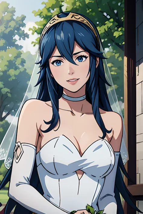 lucina fe, hair between eyes, ahoge, blue hair, star (symbol), hair ornament, dress, cleavage, bare shoulders, collarbone, long white elbow gloves, white gloves, white dress, white choker, strapless, tiara, veil, strapless dress, wedding dress, bridal veil...