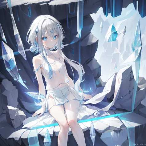 An anime teen girl, ((((sitting on a cave with crystals everywhere)))), (mostly naked), barefoot, cinematic light, skin is perfectly white, soft, and smooth, ((no nsfw)), Extremely delicate and beautiful CG illustration, small thigh, slim body, best qualit...