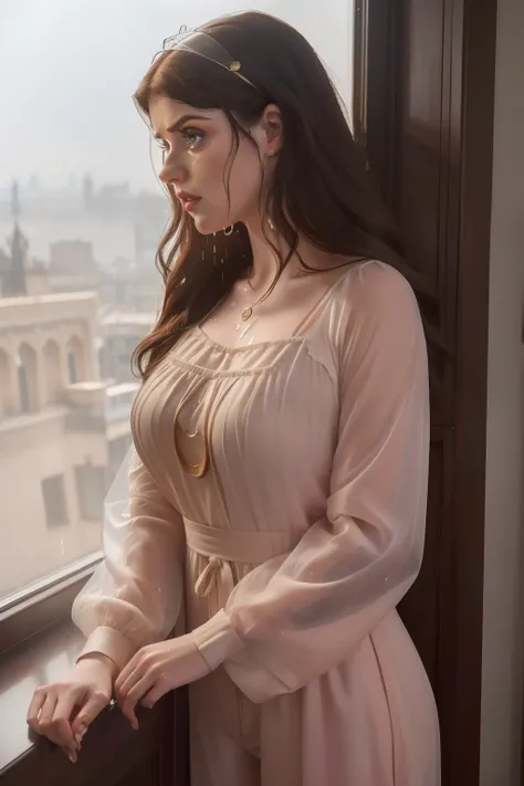 year: 2023. Location: Seville, Spain. Pre-Raphaelite scene with (((Alexandra Daddario))), dark hair, looking out the window, rainy day, pyjammas, sad, (((((crying))))), ((big tears)), ((((Clothing from the 2020s)))) ((Hairstyle of the 2020s)), ((("OMITB" c...