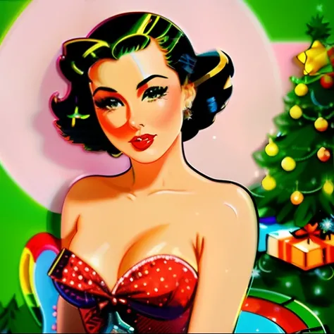 a close up of a woman in a dress sitting in front of a christmas tree, very colorful, pinup art, pinup, pinup girl, comic pinup style, girl pinup, pinup model, pinup pose, pin up girl, pinup body, retro pinup model, pin up, pin - up girl, ( art fitzpatrick...