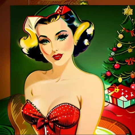 a close up of a woman in a dress sitting in front of a christmas tree, very colorful, pinup art, pinup, pinup girl, comic pinup style, girl pinup, pinup model, pinup pose, pin up girl, pinup body, retro pinup model, pin up, pin - up girl, ( art fitzpatrick...