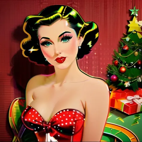 a close up of a woman in a dress sitting in front of a christmas tree, very colorful, pinup art, pinup, pinup girl, comic pinup style, girl pinup, pinup model, pinup pose, pin up girl, pinup body, retro pinup model, pin up, pin - up girl, ( art fitzpatrick...