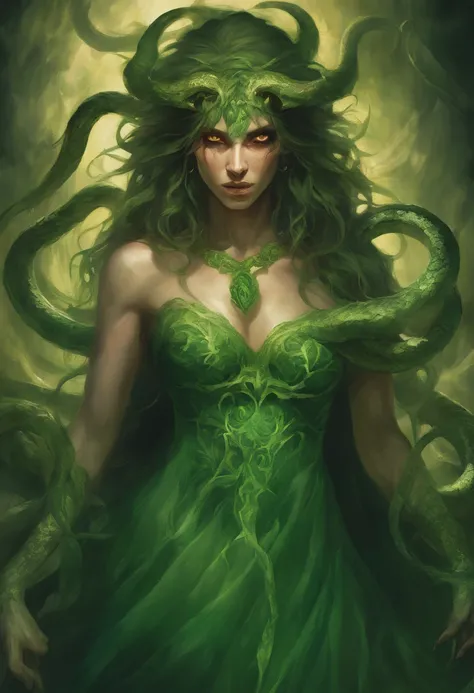 gorgon monster,green glowing eyes,viperous snakes hair,vivid scales,wrathful expression,detail-oriented face,vengeful gaze,dark atmosphere,dramatic lighting,mythological horror,scary concept art,haunting portrait,highres,masterpiece:1.2,ultra-detailed,phot...