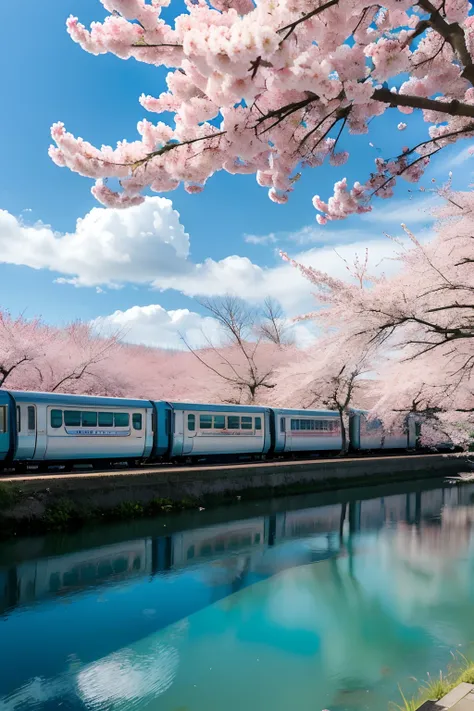 Miyazaki style lake water blue sky white clouds cherry blossom tree train