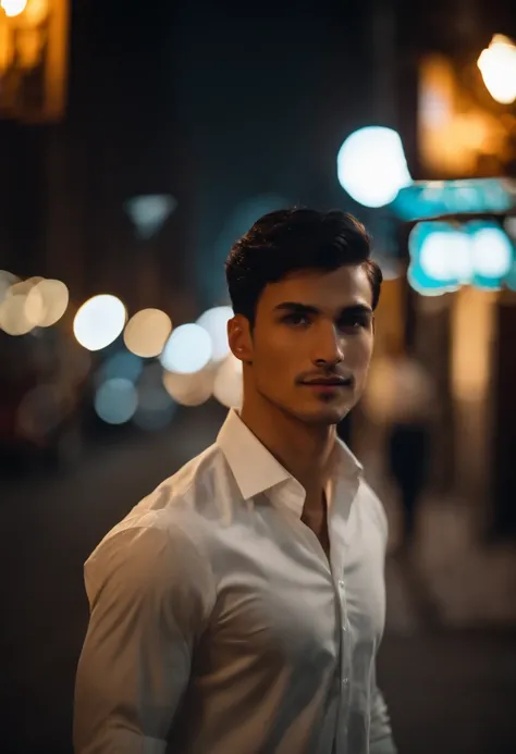 (best quality:1.2, 8k resolution, highres:1.2), (handsome:1.4), white shirt, short black hair, thin face, fair skin, formal attire, (on the street at night:1.4), nighttime, dimly lit, deserted, HD 8k image, masterpiece:1.2, confident smile