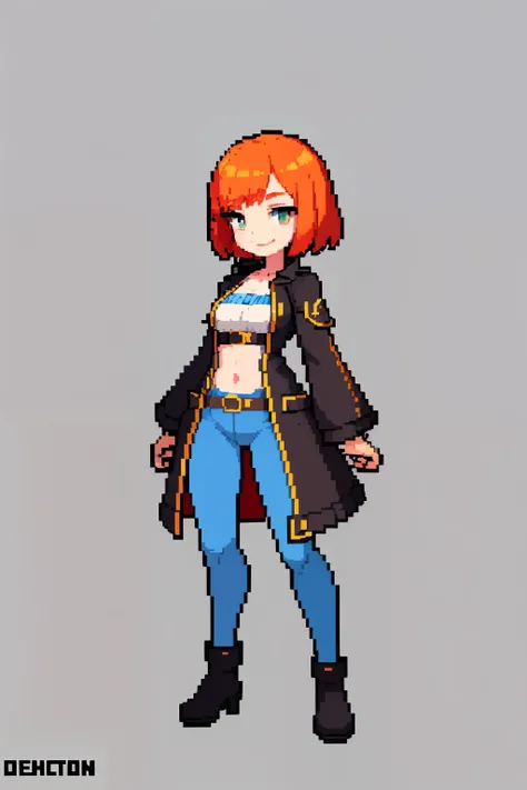 tmasterpiece，top Quority，best qualtiy），pix，pixelart，1girll，magestic，full bodyesbian，Orange-red hair，The coat is a flowing dark brown trench coat，The underwear is a white bandeau，Showcases the perfect curved waist，Gold-trimmed waistband，Dark blue leggings，B...