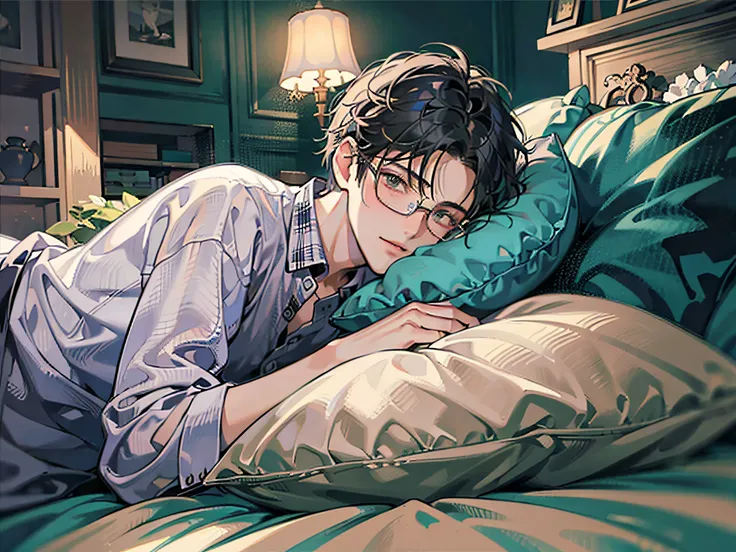 masutepiece, Best Quality, Boy in pajamas lying on bed, Solo, Short hair, finely eye and detailed face, Dark midnight background, Dimly lit bedroom, Glasses, resting on a pillow, Head on pillow, From Side, look at viewr, full-body view,Dynamic Angle,Hairst...