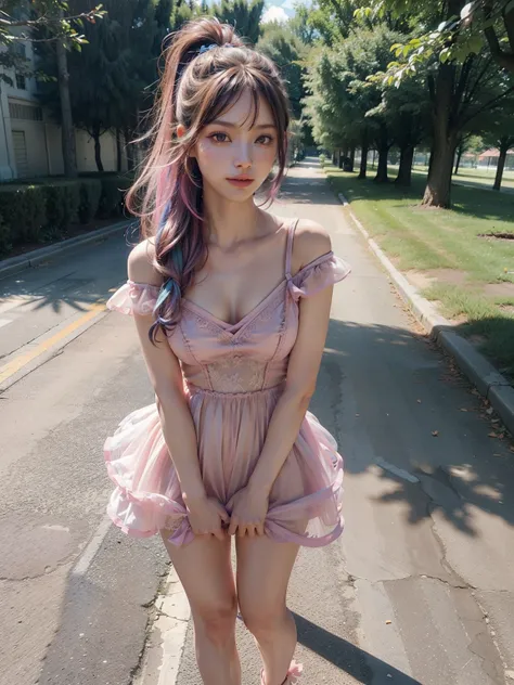 18 years old, very small head)), Daylight, sunlight, (perfect body: 1.1), (short wavy hair: 1.2), dark brown hair, (Pink and blue mesh hair, Fine mesh), (Photo standing full body front view), (pink silk mini dress), (high heels shoes), (sweat), (in the par...