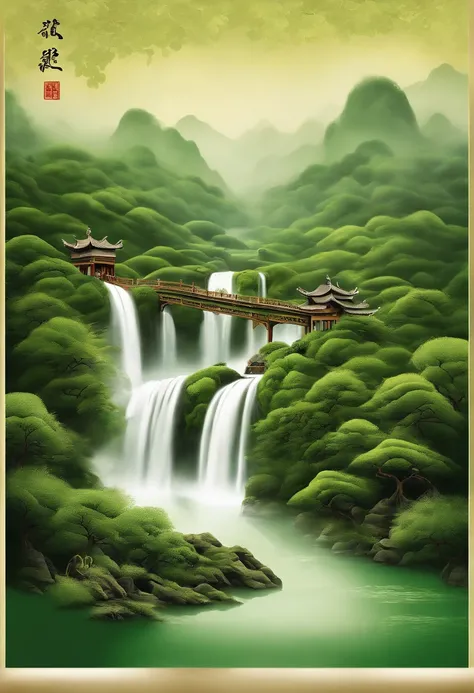 (Masterpiece, High quality, Best quality, offcial art, Beauty and aesthetics: 1.2), teacup, (The waterfall falls，Green tea flowed),Surrounded by tea fields, Splash spray, (Chinese landscape paper carving, Chinese landscape painting of the Song Dynasty: 1.2...