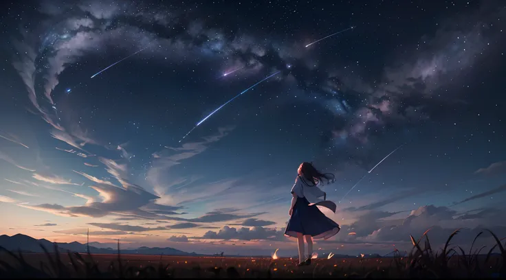 Vast landscape photos、Girl standing on the prairie looking up at the sky、shooting stars、fireflys、Dreams、natta