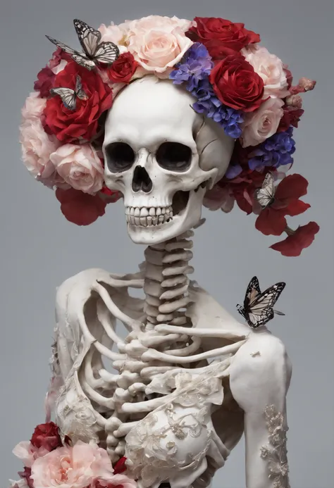 （Male skeleton wearing blue flowers on their heads and female skeleton wearing haute couture wedding dress), ((( Skeleton ))), （Half-body skeleton,）,（Haute couture wedding dress blends perfectly with cutouts：1.1） , Love and death, （Tutu dress：1.1），（flowers...