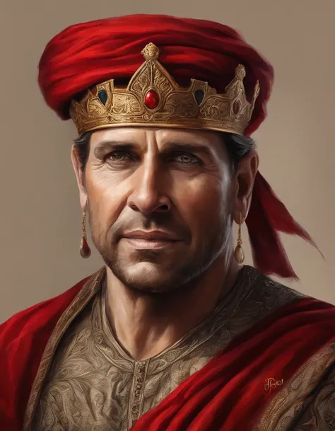 Arafed man with a crown and a red robe and a red scarf, personagem de fantasia hiperdetalhado, Retrato do Imperador da Humanidade, Deus masculino bonito da morte, 3 d render arte do caractere 8 k, retrato masculino da fantasia, O Deus Imperador da Humanida...