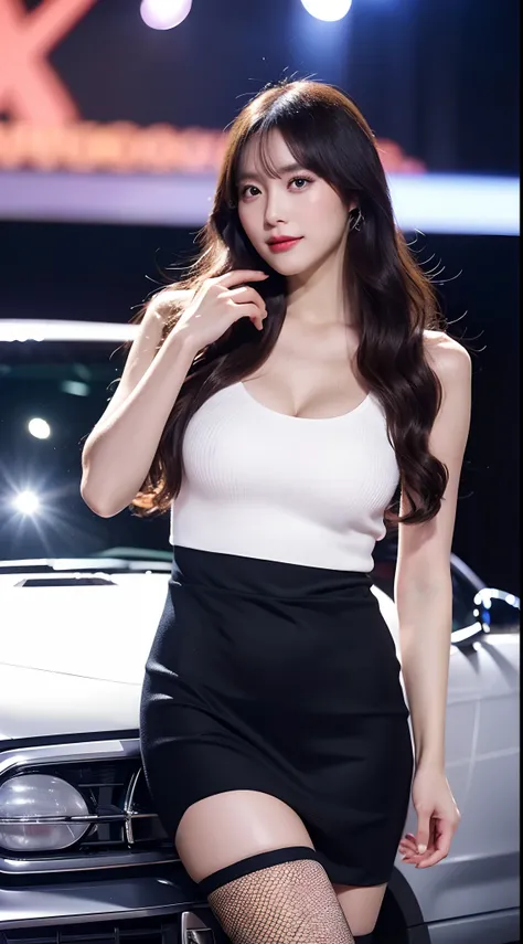 masutepiece、top-quality、Top image quality、8K、Professional Photographer、Professional lighting staff、Professional makeup staff、japanes、Top、Beautuful Women、Glamorous、Colossal tits、A dark-haired(Curly semi-long hair)、White bodycon mini skirt on bare skin(Ultra...