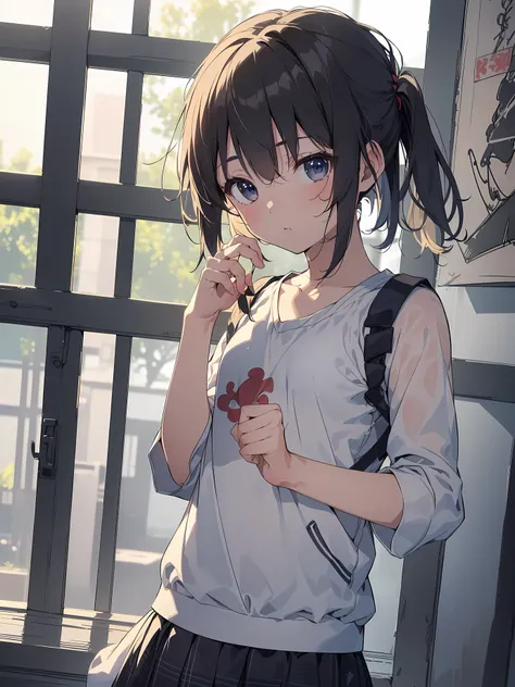 Top Quality,high resolution,1girl,kawaii,(solo,loli face,11 years old:1.5),a junior high school student, ponytail,Full limbs,complete fingers,flat chest, Small butt,Small eyes,Beautiful detailed black eyes,groin,(tank top,shorts:1.2),(Detailed Lighting), (...