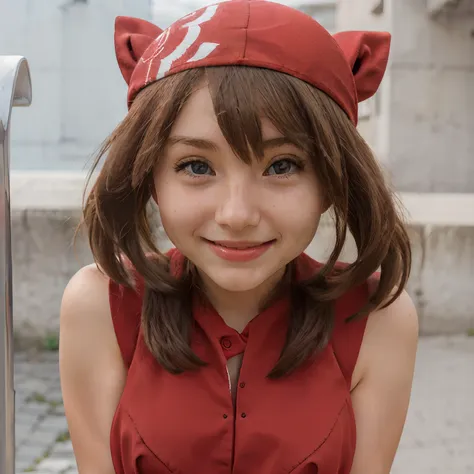 a young girl with cute face,red dress,red scarf in head, smile face