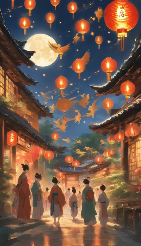 You can see the round moon hanging high，A lion with a dragon ball in its mouth surrounds two dragons,A group of children set off firecrackers on the ground。Surrounded by a warm and comfortable atmosphere. The room was beautifully decorated，Equipped with la...