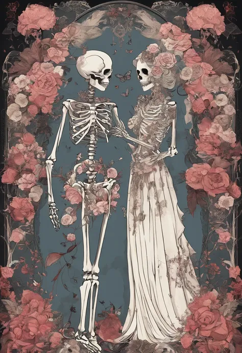 （Male skeleton wearing blue flowers on their heads and female skeleton wearing haute couture wedding dress), ((( Skeleton ))), （Half-body skeleton,）,（Haute couture wedding dress blends perfectly with cutouts：1.1） , Love and death, （Tutu dress：1.1），（flowers...