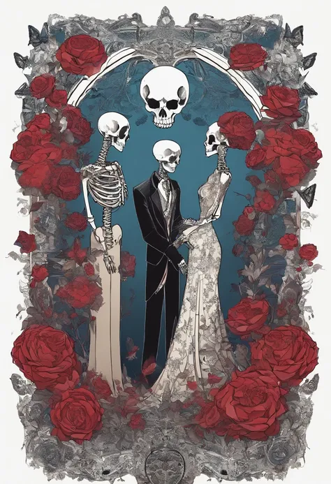 （Male skeleton wearing blue flowers on their heads and female skeleton wearing haute couture wedding dress), ((( Skeleton ))), （Half-body skeleton,）,（Haute couture wedding dress blends perfectly with cutouts：1.1） , Love and death, （Tutu dress：1.1），（flowers...