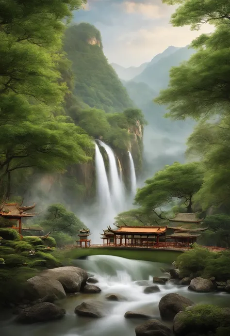 Masterpiece, High quality, Best quality, offcial art, Beauty and aesthetics: 1.2)Two cups of tea in the pavilion,A fresh fragrance wafts (The waterfall falls，Green landscapes flow),Surrounded by tea fields, Splash spray, (Chinese landscape paper carving, C...