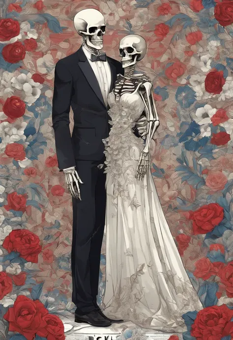 （Male skeleton wearing blue flowers on their heads and female skeleton wearing haute couture wedding dress), ((( Skeleton ))), （Half-body skeleton,）,（Haute couture wedding dress blends perfectly with cutouts：1.1） , Love and death, （Tutu dress：1.1），（flowers...