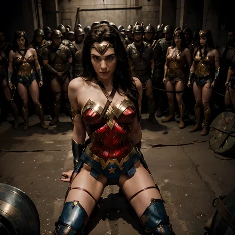 Wonder Woman on her knee tied up by a thousand soldiers, (crowded), (ten army in background try to tied her), tied up, Wonder Woman Costume, Restrained, BDSM, (two soldier tied her up), angle from above