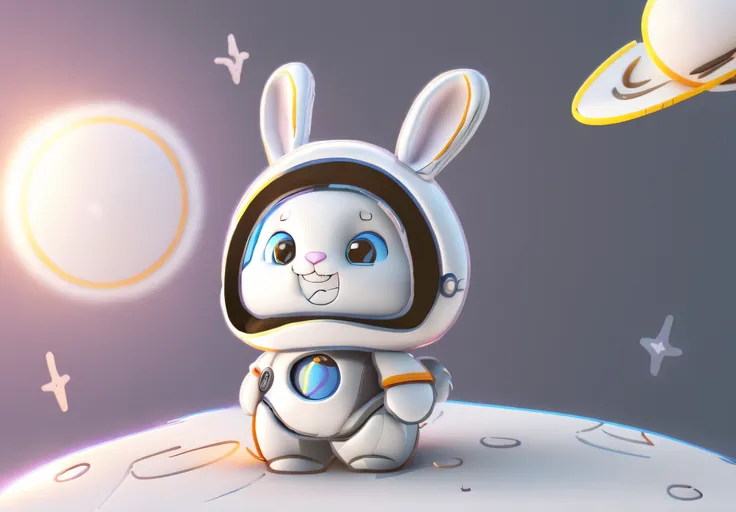 Cartoon bunny in spacesuit with planet in background, cute anthropomorphic bunny, Cute cartoon character, cute character, Cartoon Cute, rabbit robot, Cute detailed digital art, edgBunny_Character, cute astronaut sticker art, telegraph stickers design, anth...