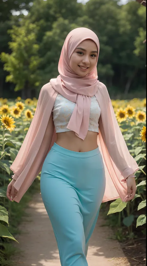 malay girl in long hijab wear baju kebaya, pastel color, walking in sunflower field, windy, blown her hijab, front view, detail ...