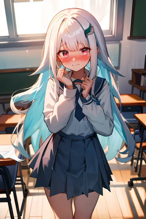 One girl with long wavy hair, white hair, looking at viewer, embarrassed, blushing, tears, indoor , school uniform, white shirt, necktie, puff long sleeves, mini skirt, thigh, perfect waist, classroom, noon atmosphere, hair ornament, standing, (embarrassed...