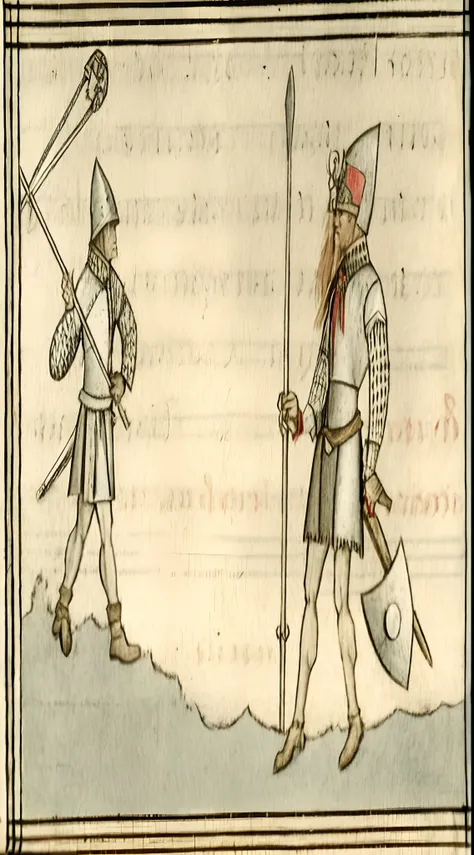 a close up of two men in medieval clothing with swords and shields, medieval illustration, medieval manuscript illustration, dressed in a [ [ 1 2 th century, medieval graphic, medieval book illustration, by Simon de Vlieger, medieval woodcut, viking and te...