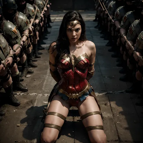 Wonder Woman on her knee tied up by a thousand soldiers, (crowded), (ten army in background try to tied her), tied up, Wonder Woman Costume, Restrained, BDSM, (two soldier tied her up), angle from above, (dress up) , unnaked, (ropes all over body)