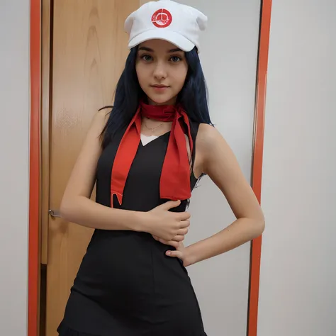 A cute girl, young face, blue hair, white cap,red scarf, black color dress, sexy look,hands in hip