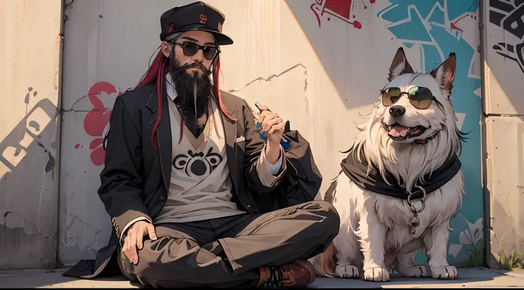 One beard man with dredlock coloured hair, sitting, a dog, graffiti wall, sunglass, suit