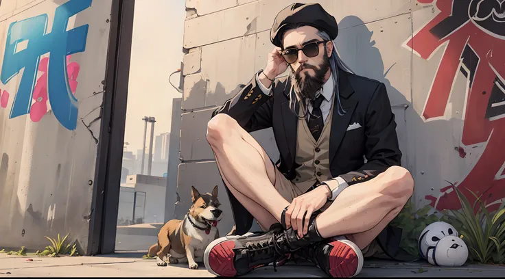 One beard man with dredlock coloured hair, sitting, a dog, graffiti wall, sunglass, suit