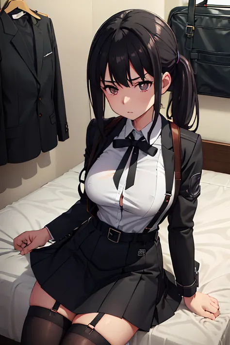 Suit,Collared shirt,Belt bag,Suspenders Black Miniskirt　garterbelts　knee high　Stockings　Black Niso　Colorcon armpit sweat　perspiring　Side of both hands,Black jacket,Gaze,ample bosom,Armpit sweat,Exposing the armpits"Tight clothes、Cuffed、wristbands　Lying on ...