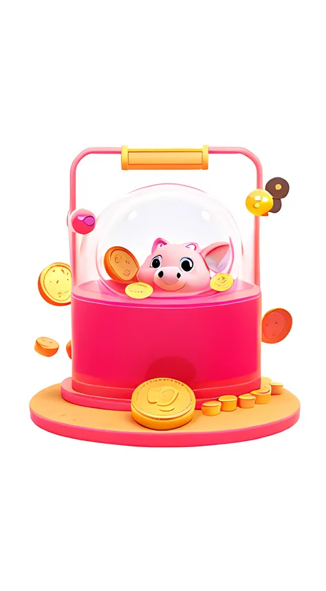 There is a pink toy machine，Inside there are coins and a piggy bank, 3 d icon for mobile game, Mobile game background, 4 ), 64k,  Mobile game art, 8K, mobile game asset, 4D, A cartoon illustration，with black background，C4D，blender render，with black backgro...