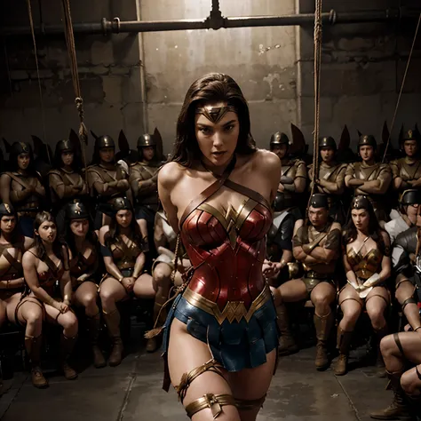 Wonder Woman tied up by a thousand soldiers, (crowded), (ten army in background try to tied her), tied up, Wonder Woman Costume, Restrained, BDSM, (soldiers whipping), angle from above, (dress up) , unnaked, (ropes all over body)