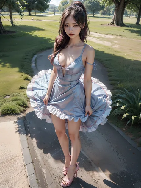 18 years old, very small head)), Daylight, sunlight, (perfect body: 1.1), (short wavy hair: 1.2), dark brown hair, (Pink and blue mesh hair, Fine mesh), (Photo standing full body front view), (ultra thin and thin silk pink mini dress), (high heels shoes), ...