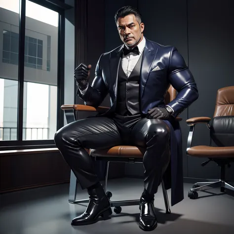 50 years old,daddy,shiny suit ,dad sat on a chair,k hd,in the office,big muscle, gay ,black hair,asia face,masculine,strong man,...