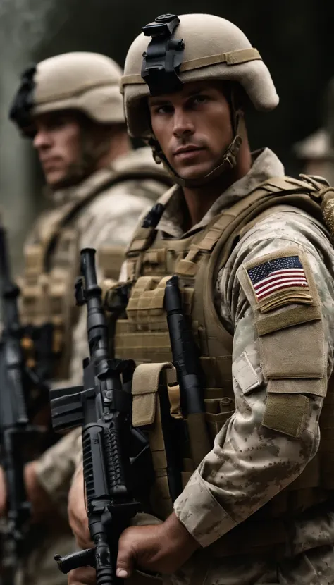 soldiers are standing in a line with their weapons in their hands, rugged soldier, white american soldier, dressed in tactical armor, portrait of a navy seal soldier, cinematic —ar 16:9, soldier, soldiers, close up portrait shot, realistic soldiers, still ...