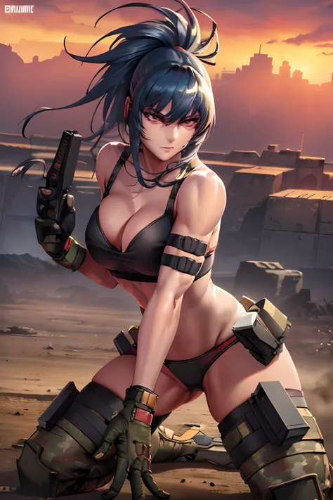 Best quality, masterpiece, serious, dominant, seductive, sexy, militar, desert. Cammo, Tactical. Armor, bra and panty. warfare, war, sleeveless, guns. Action, shooting