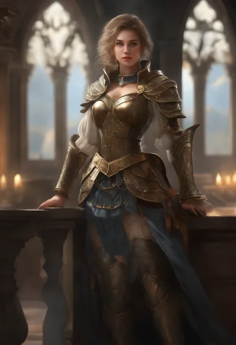 (1girl:),{{masterpiece}}, {{{best quality}}}, {{ultra-detailed}}, {{illustration}}, (((twentieth))), ((large brest)),she wearing knight armor to the upper body,((skirt)),